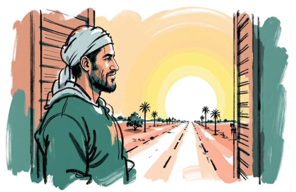 دروس مستفادة من تاريخ وصفة الزيت والعلق لتكبير القضيب "شاب مغربي يقف عند مفترق طرق أو ينظر إلى الأفق، يرمز إلى استخلاص الدروس من تاريخ وصفة الزيت والعلق لتكبير القضيب والانطلاق نحو فهم علمي