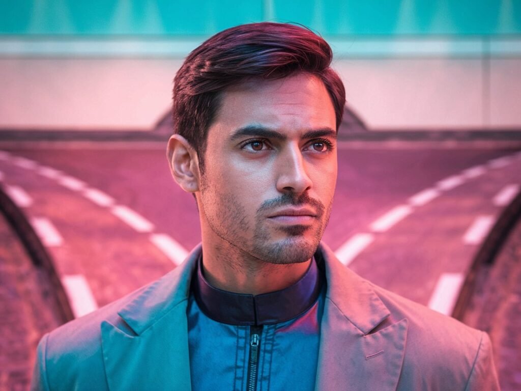 رجل مغربي وسيم يقف متأملاً عند مفترق طرق، يفكر بعمق في مخاطر جراحات تكبير القضيب قبل اتخاذ قراره.