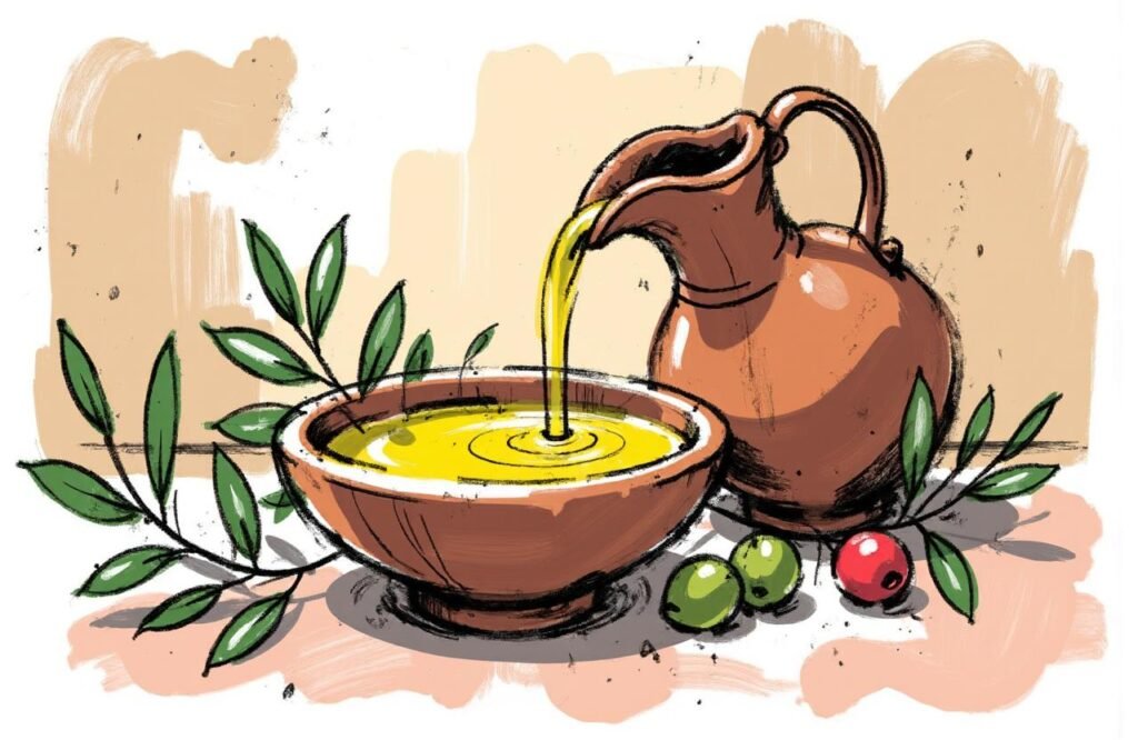 زيت الزيتون ودوره الهام في وصفة الزيت والعلق لتكبير القضيب صورة فنية لزيت الزيتون الذهبي وهو ينساب من إبريق تقليدي، مع أوراق زيتون، ترمز إلى أهميته كمكون في وصفة الزيت والعلق لتكبير القضيب وقيمته التراثية