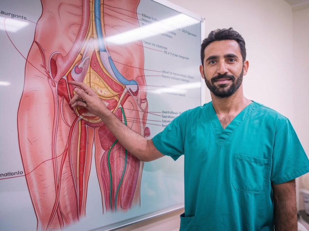 رجل مغربي أنيق ينظر بتفاؤل إلى تمثيل مرئي لعملية تكبير القضيب بالدهون، معبرًا عن رحلة البحث عن معلومات وتحسين الذات. الصورة توحي بالقرار المدروس.