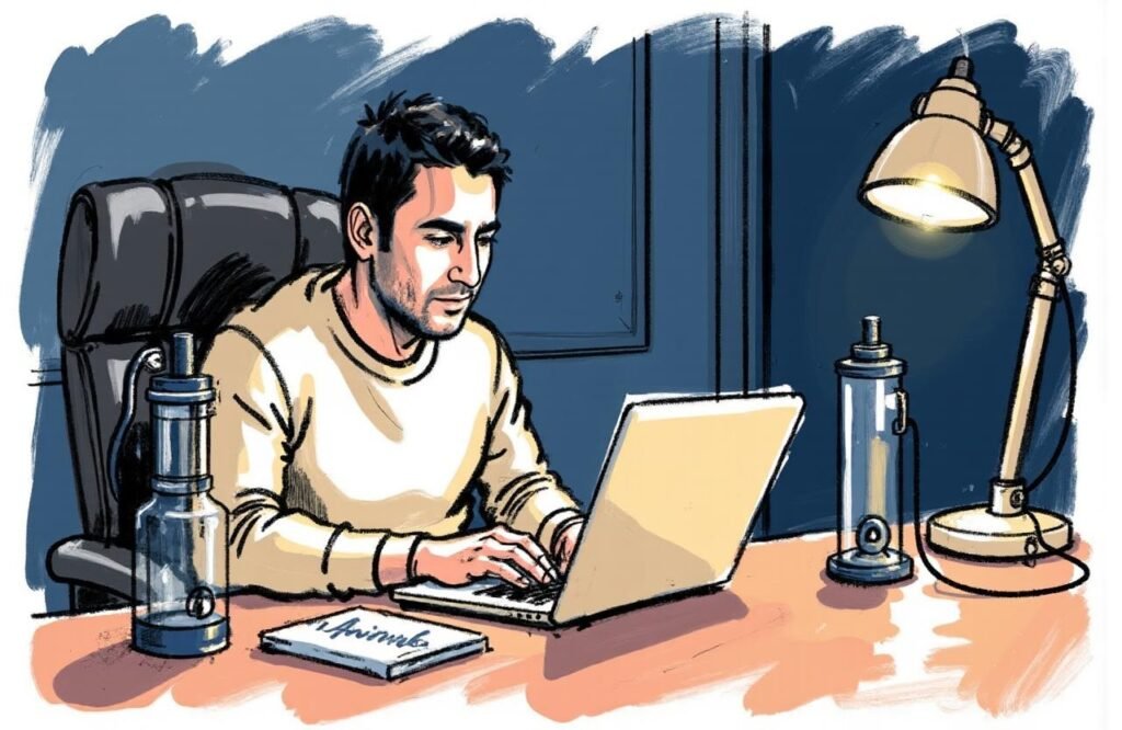 شاب مغربي يقارن بين جهاز الشد ومضخة التفريغ على مكتبه، مما يمثل مرحلة البحث والاختيار الحاسمة في تجربتي مع جهاز تكبير الذكر.