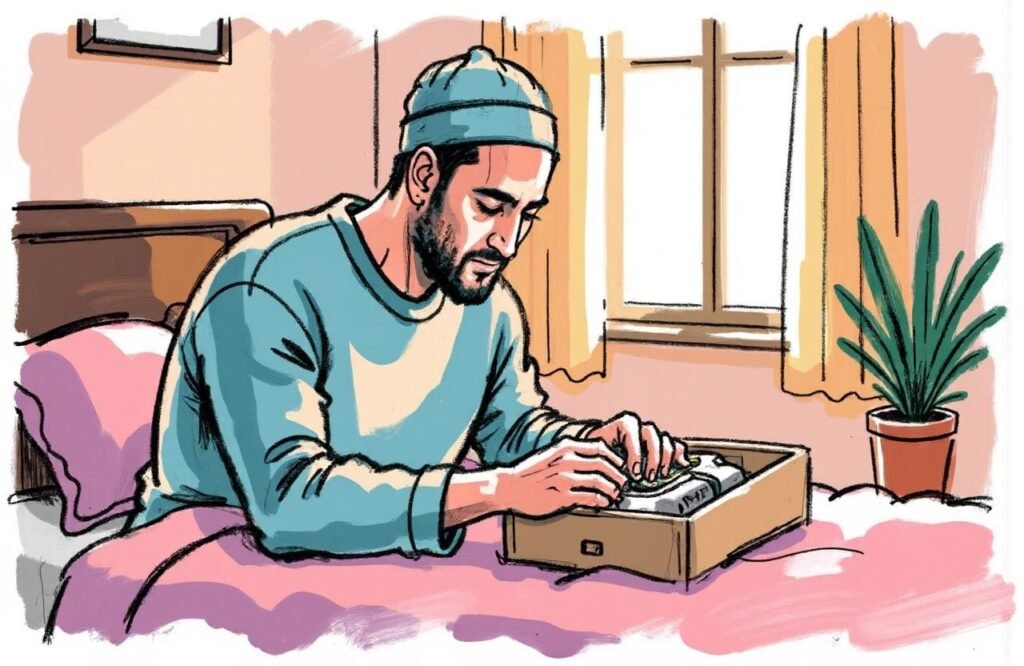 شاب مغربي يضع مضخة تكبير القضيب في صندوقها بهدوء، مما يرمز إلى قبوله لذاته والتخلي عن الهوس بالأبعاد كأهم درس تعلمه في تجربتي مع جهاز تكبير الذكر.