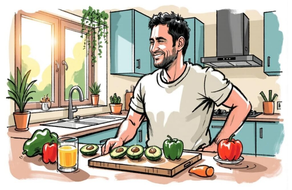 شاب مغربي سعيد وواثق يحضر وجبة فطور صحية في مطبخه المشرق، مما يرمز إلى البدائل الآمنة والفعالة التي اكتشفها بعد انتهاء تجربتي مع جهاز تكبير الذكر.