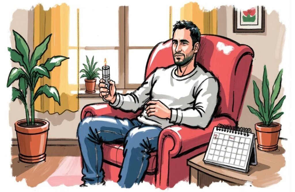 شاب مغربي يلتزم بروتين علاجي في منزله، مما يوضح دور مضخة القضيب لعلاج ضعف الانتصاب في برامج إعادة التأهيل بعد جراحات البروستاتا.