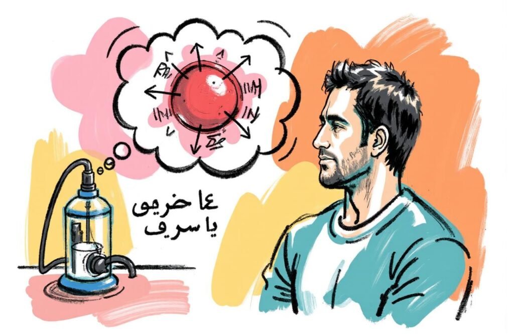 رجل مغربي يدرس مجسمًا علميًا يوضح آلية عمل الضغط السلبي، مع وجود مضخة تكبير القضيب أمامه، لربط النظرية بالواقع في تجربتي مع جهاز تكبير الذكر.