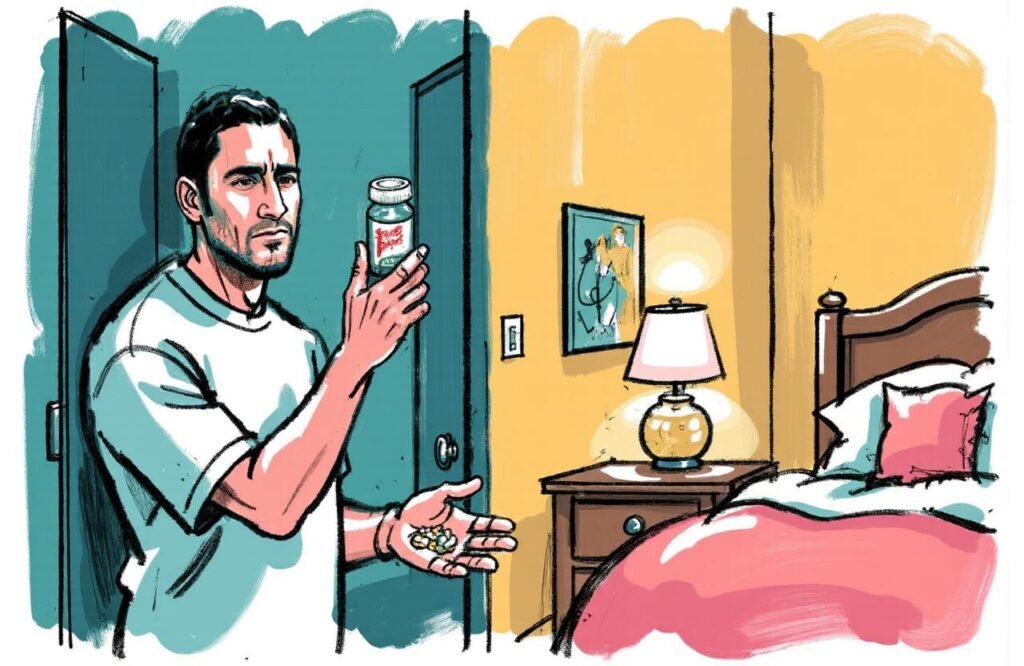 صورة مفاهيمية تظهر رجلاً ينتقل من الإحباط بسبب فشل الأدوية، إلى الأمل في مضخة القضيب لعلاج ضعف الانتصاب كخيار بديل وفعال.