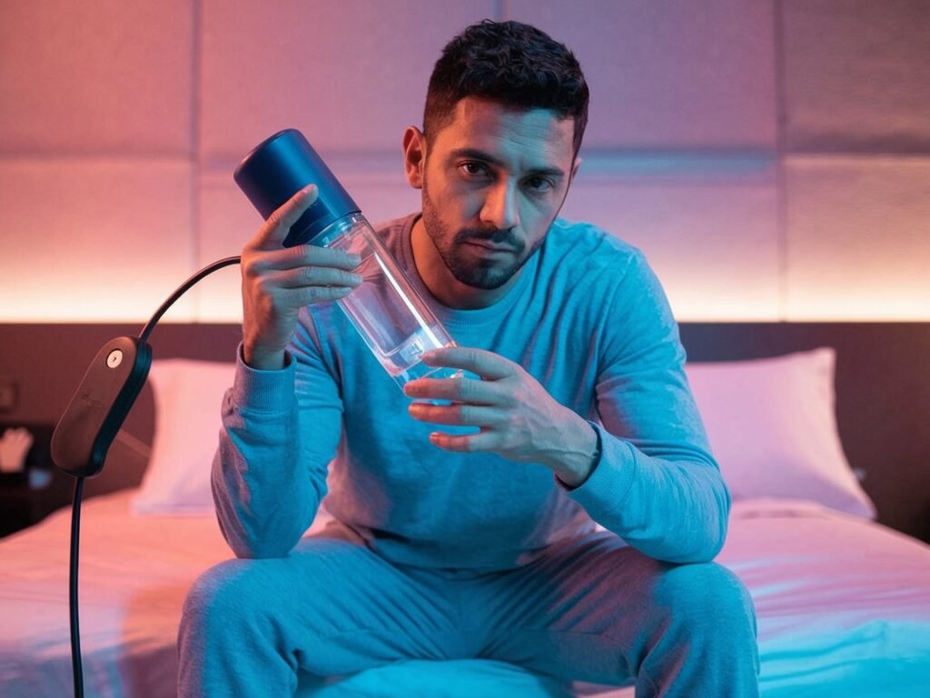 رجل مغربي يجلس في غرفة نومه، يتفحص مضخة تكبير القضيب بدقة قبل البدء، مما يعكس الشك والتصميم في بداية تجربتي مع جهاز تكبير الذكر.