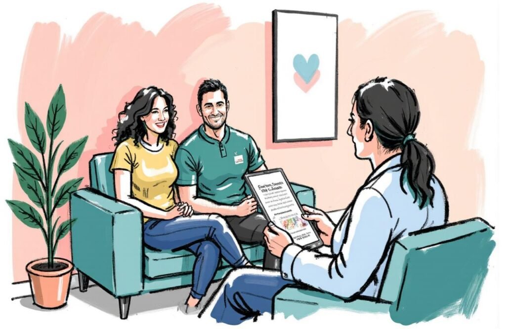 زوجان يستشيران طبيبًا متخصصًا معًا، مما يوضح أهمية طلب المساعدة الطبية إذا استمرت مشكلة سرعة القذف في بداية الزواج.